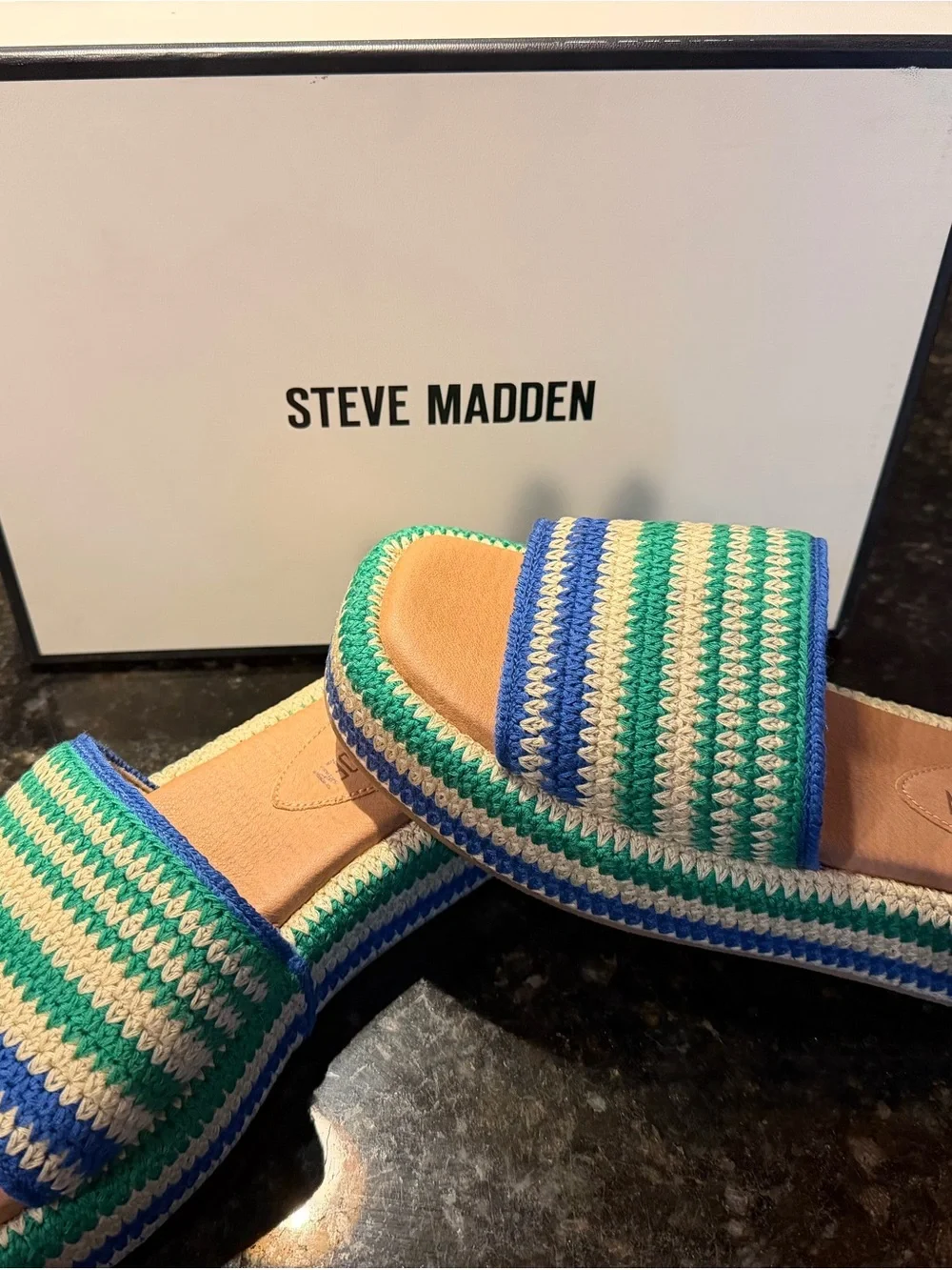 Steve Madden Blue, Green & Cream Striped Crochet Slide Sandals NWT